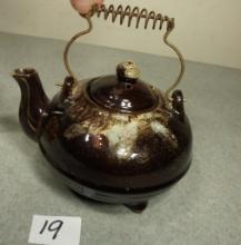 VintageRed Clay Tea Pot Metal Handle Glaze Japan