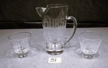 Vtg Mid-Century Modern Etched Glass ME, YOU & OURS Pitcher COCKTAIL SET
