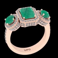 2.85 Ctw VS/SI1 Emerald and Diamond 14K Rose Gold three stone ring (ALL DIAMOND ARE LAB GROWN )