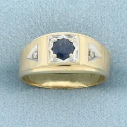 Sapphire And Diamond Satin Finish Ring In 14k Yellow Gold