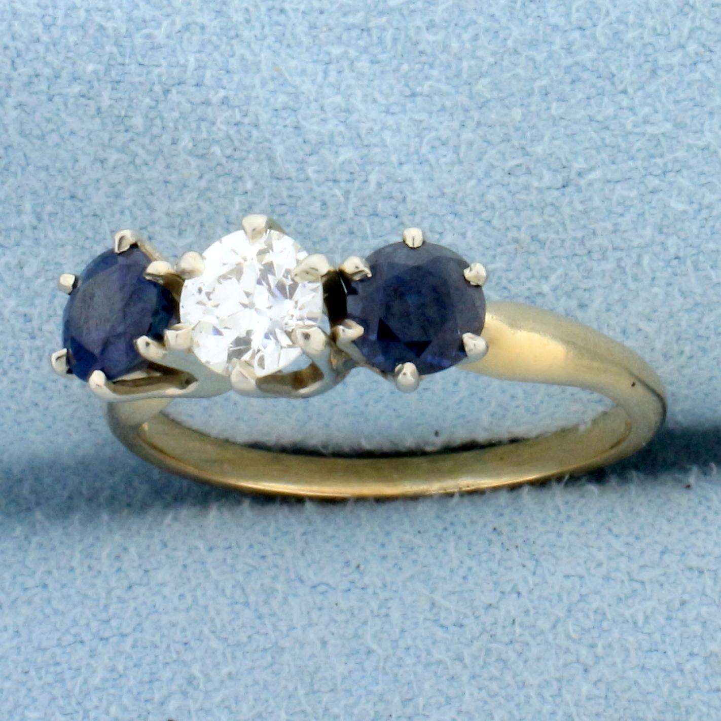 Antique 1.5ct Tw Three Stone Sapphire And Diamond Ring In 14k Yellow And White Gold