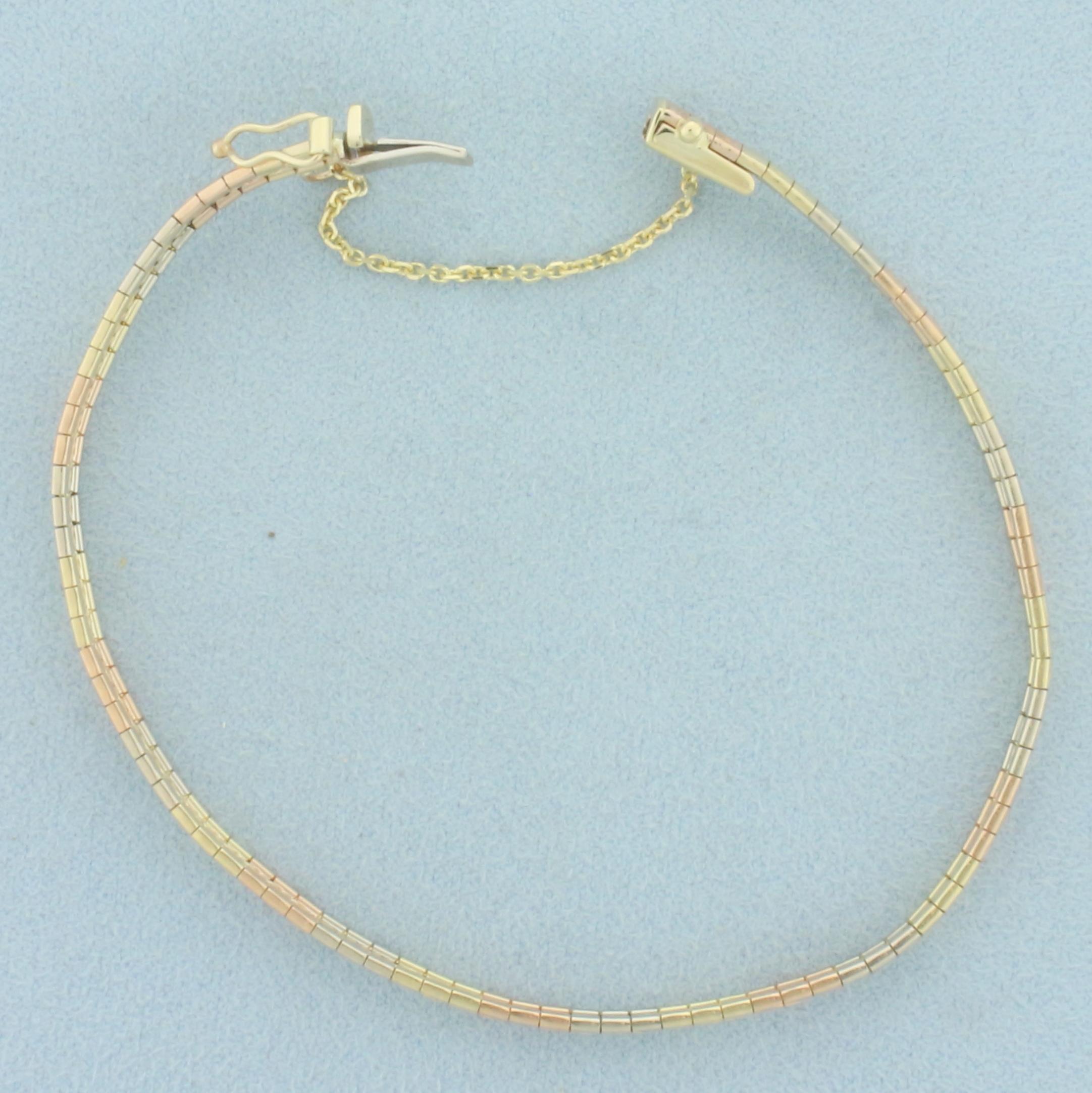 Tri Color Etched Design Omega Bracelet In 14k Yellow, White, And Rose Gold