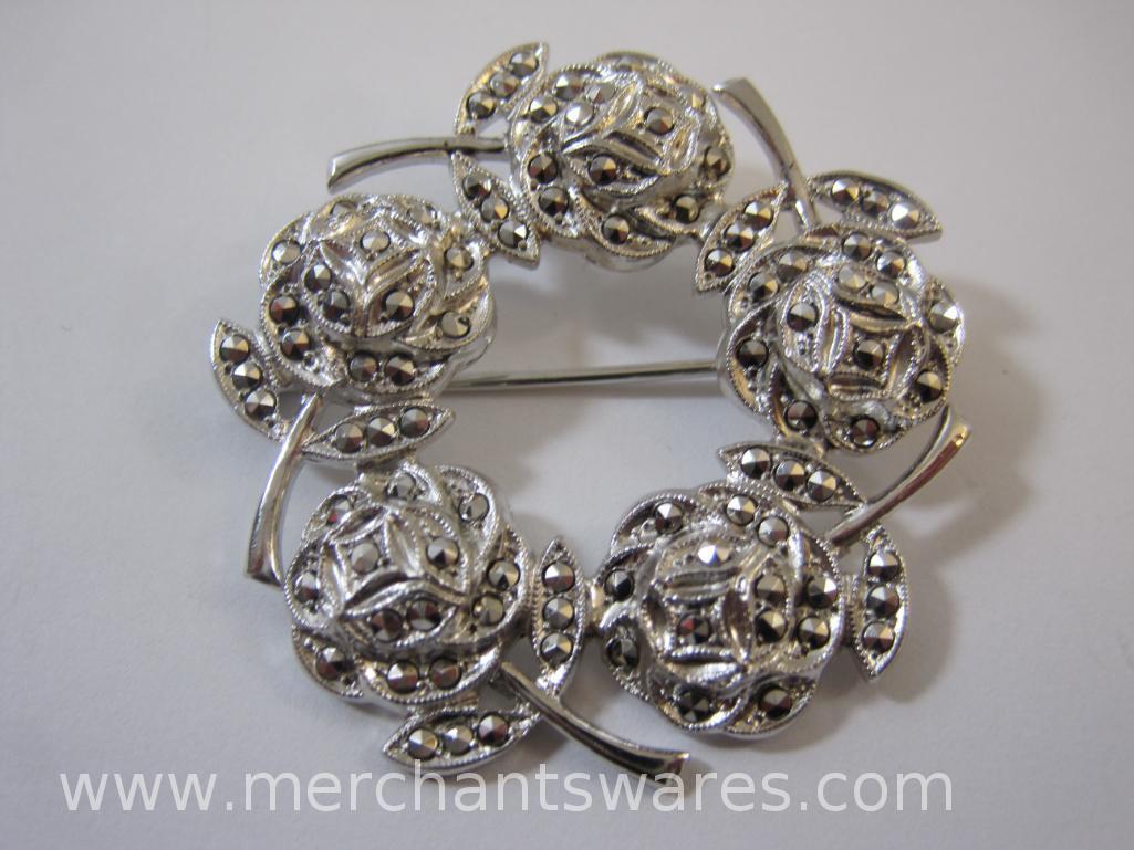 Sterling Silver Flower Necklace, Earrings and Pin Set, 18.3 g total weight