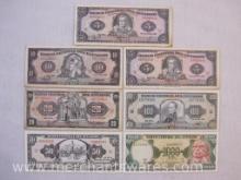 Seven 1980s Foreign Paper Currency Notes from Ecuador