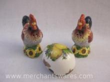 Chicken Salt and Pepper Shaker Set and Egg Lady Ceramic Egg with Fruit Design, 5 oz