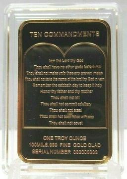 1 Troy Ounce .999 24K Gold Clad Ten Commandments Commemorative Limited Edition Bullion Bar
