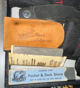 5 New Frost Pocket Knives and 2 Sharpening stones