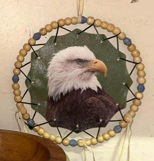 Carved Wood Bowl, Beaded Feather and Dream Catcher