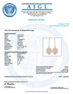 14K Rose Gold, 7.59cts Aquamarine, 2.63cts Diamond Earring