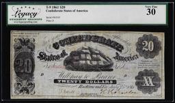1861 $20 Confederate States of America Note T-9 Legacy Very Fine 30
