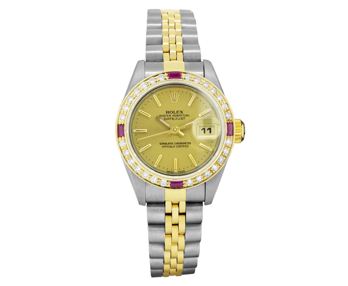 Rolex Ladies Two Tone Ruby and Diamond Datejust Wristwatch With Rolex Box