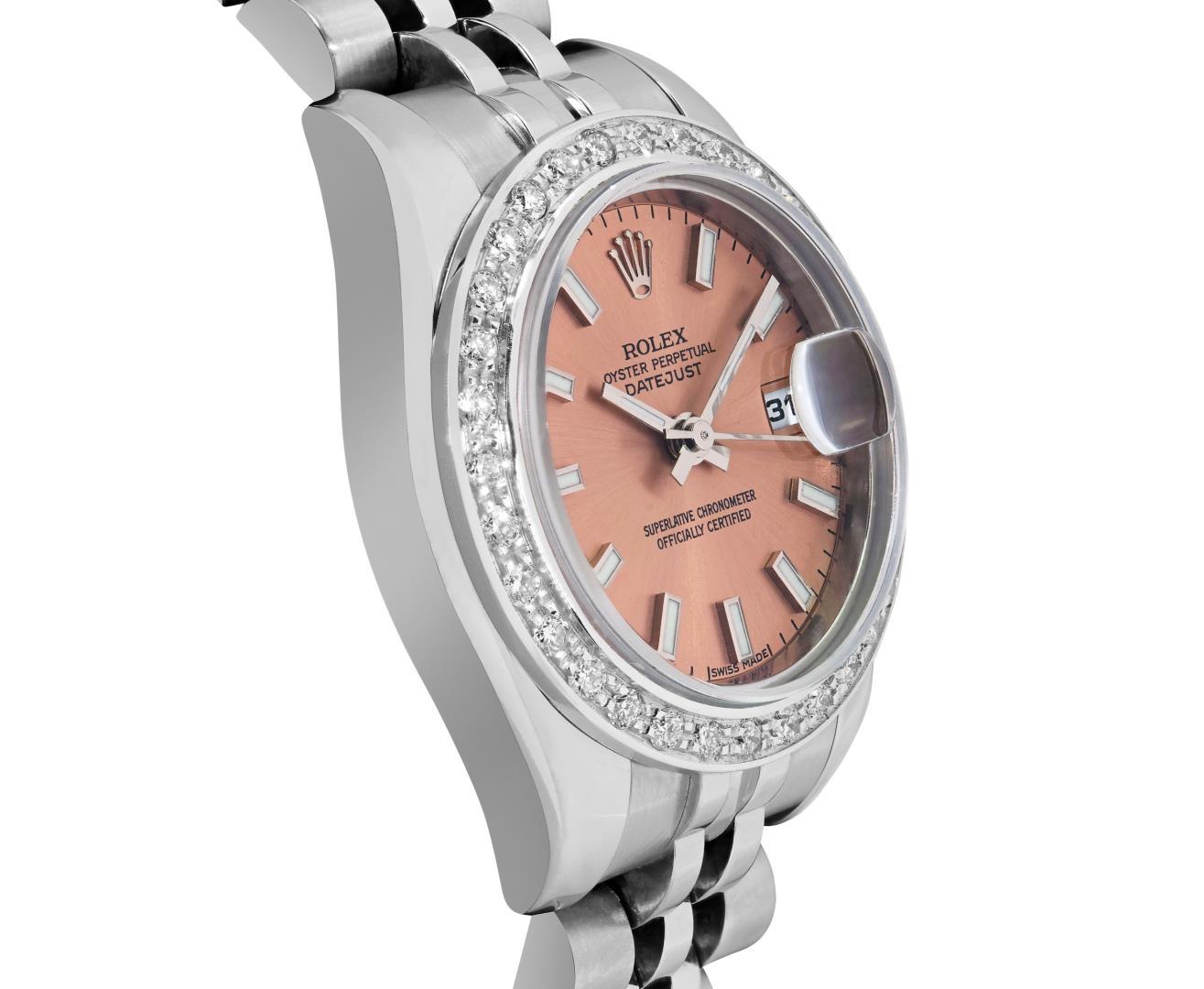 Rolex Ladies Stainless Steel Salmon Index Diamond Datejust Wristwatch