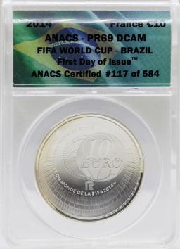 2014 France 10 Euro Proof FIFA World Cup Brazil Silver Coin ANACS PR69DCAM FDOI
