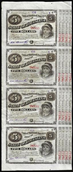 Uncut Sheet of (4) State of Louisiana Baby Bond Obsolete Notes