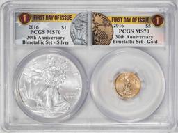 2016 $1 American Silver & $5 Gold Eagle 30th Anniversary Bimetallic Set PCGS MS70 FDOI