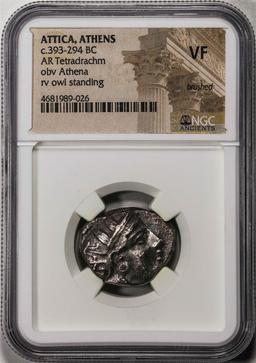 c.393-294 BC Attica Athens AR Tetradrachm Athena Owl Ancient Coin NGC VF