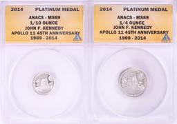 Set of 2014 Proof 1/10 & 1/4 oz Platinum JFK Apollo 11 Anniversary Medals ANACS MS69