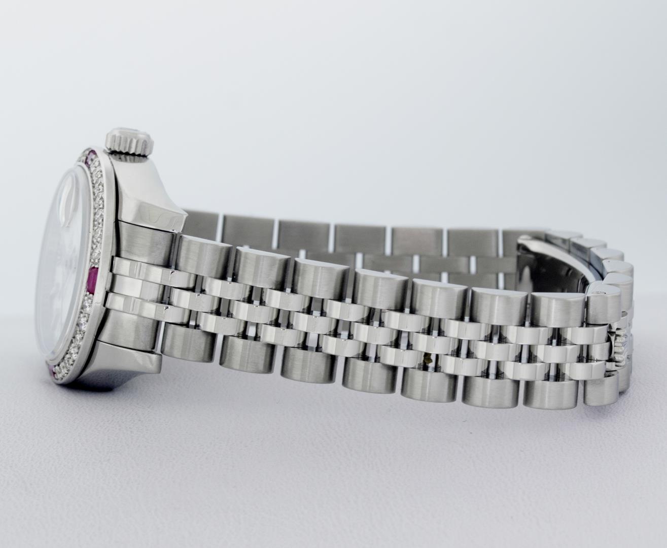 Rolex Ladies Stainless Steel White Index Ruby and Diamond Datejust Wristwatch