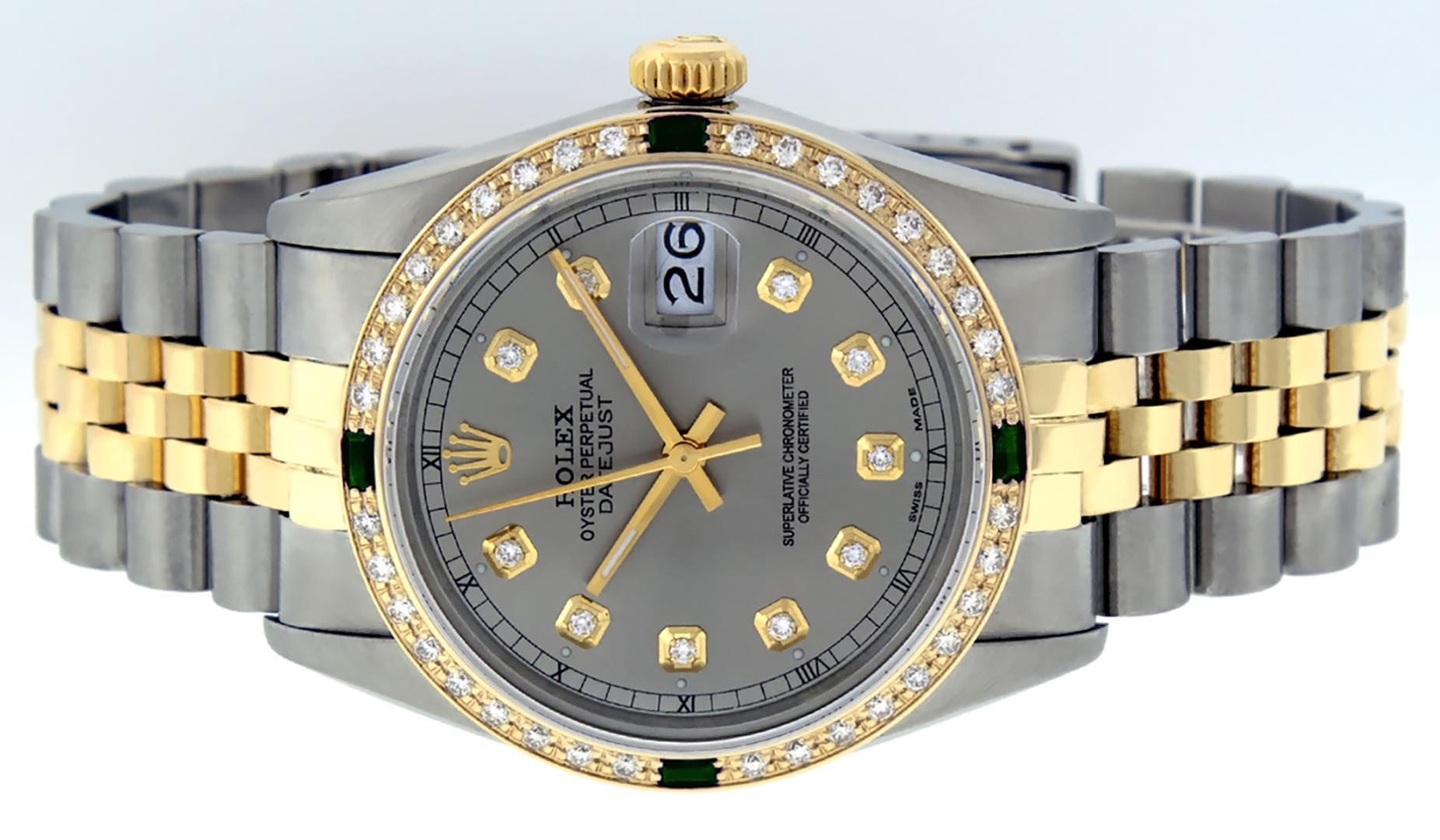 Rolex Mens Two Tone Slate Grey Emerald and Diamond Datejust Wristwatch