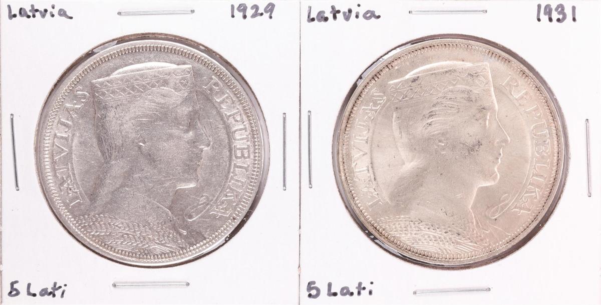 Lot of 1929 & 1931 Latvia 5 Lati Silver Coins