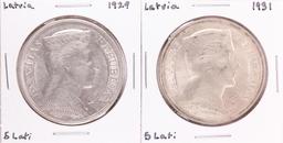 Lot of 1929 & 1931 Latvia 5 Lati Silver Coins