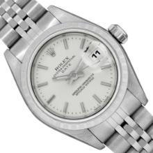 Rolex Ladies Stainless Steel Silver Index Date Wristwatch With Rolex Box