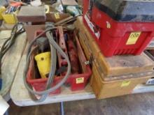 Red Tote and (2) Plastic Toolboxes (Red & Yellow) w/Misc. Wiring Tools  (10