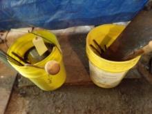 (2) Yellow Buckets Of Misc. Tools; Clay Thrower, Fence Wire, Popcorn Maker,