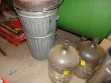 (2) Glass Water Cooler Bottles and (2) Small Steel Garbage Cans(Cellar Wood