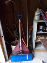 Group of Hand Gardentin Tools in Corner, (2) Saws, Go-Devil Double Bit Fell