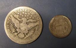 LOT OF 1894 BARBER QTR. & 1845 HALF DIME (2 COINS)