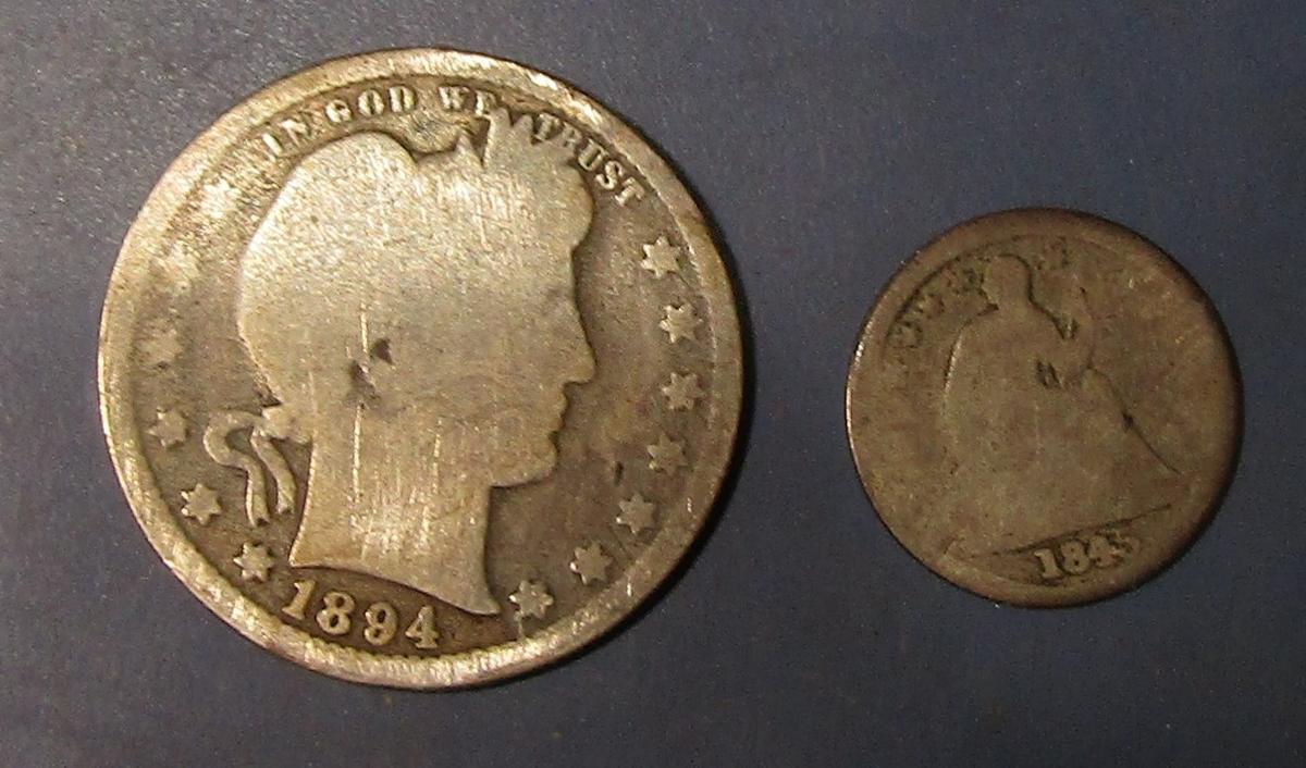 LOT OF 1894 BARBER QTR. & 1845 HALF DIME (2 COINS)