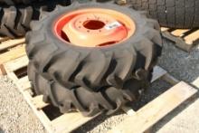 TWO BRIDGESTONE 9.5-20 TIRES & RIMS WITH 8 BOLT CENTERS (UNUSED)