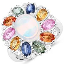 Plated Rhodium 1.69ct Opal and Multi Color Gemstone Ring