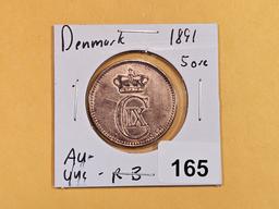 Better 1891 Denmark 5 ore in AU-UNC condition