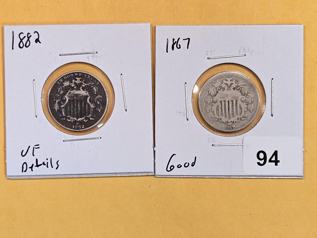 1882 and 1867 Shield Nickels