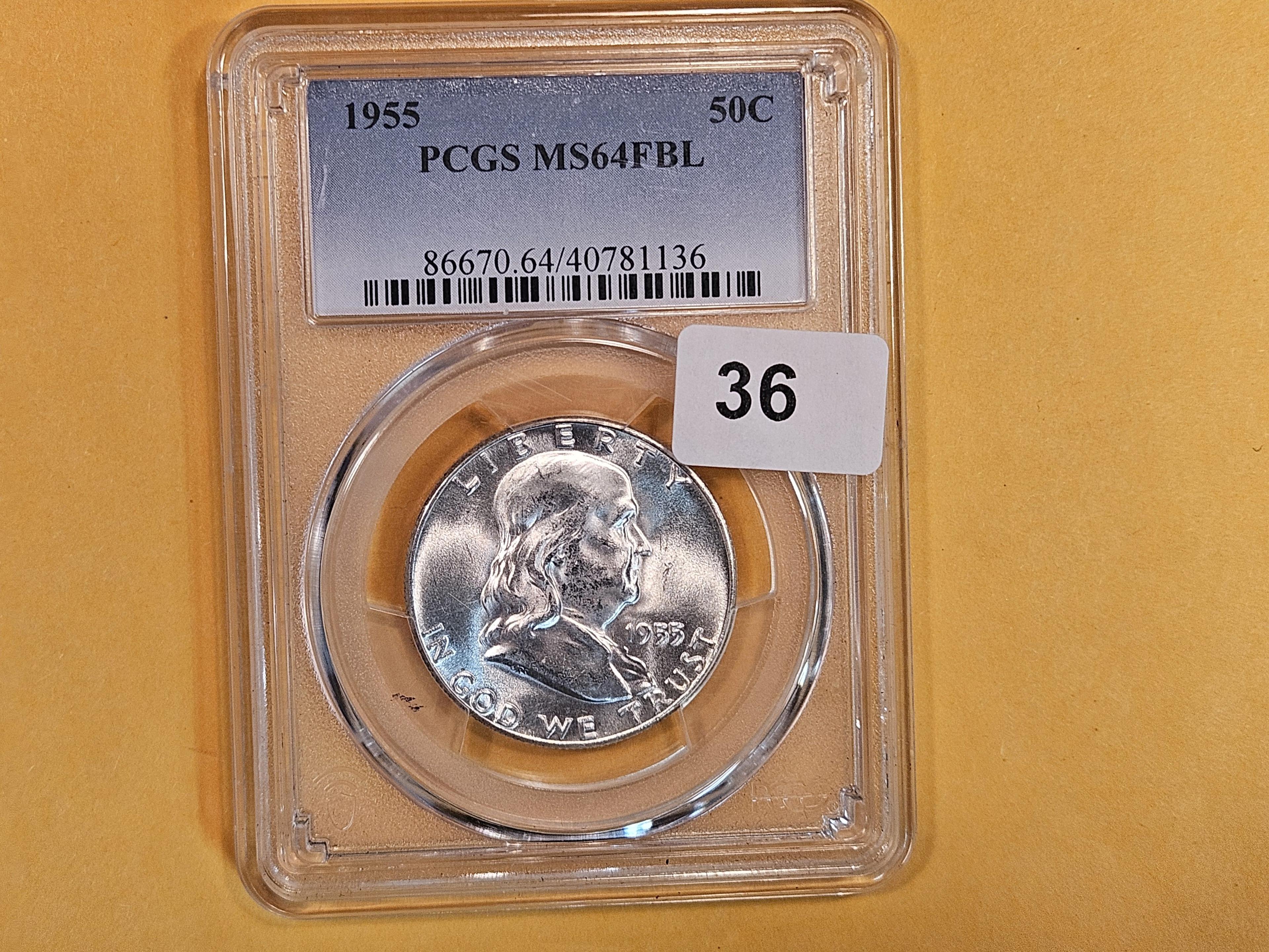 PCGS 1955 Franklin Half Dollar in Mint State 64 FBL