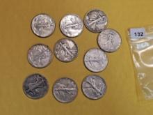 Ten Mixed Silver Walking Liberty Half Dollars