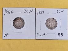 1866 and 1881 Three Cent Nickels