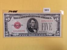 Series of 1928 Five Dollar US Note in About Uncirculated