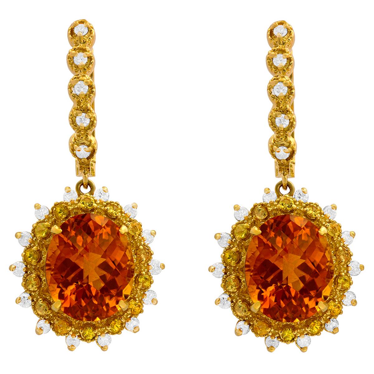 14k Yellow Gold 13.50 Citrine & 1.00ct Sapphire 1.02ct Diamond Earrings