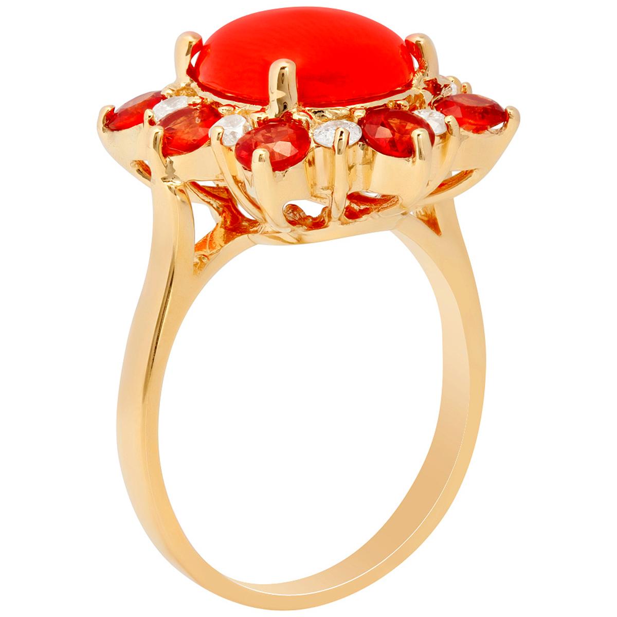 14k Yellow Gold 2.15ct Coral 1.42ct Orange Sapphire 0.35ct Diamond Ring