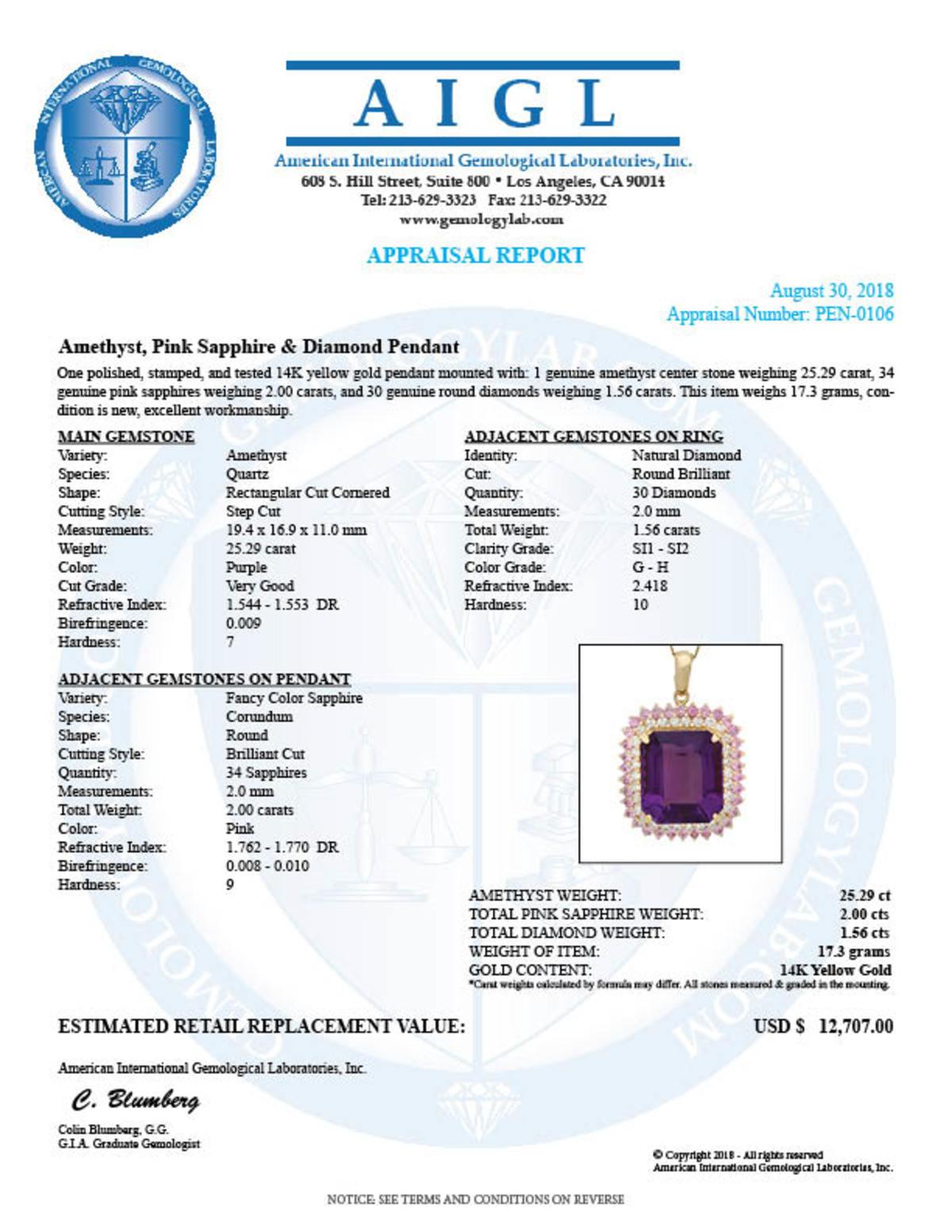 14K Gold 25.29ct Amethyst 2.0ct Pink Sapphire 1.56ct Diamond Pendant