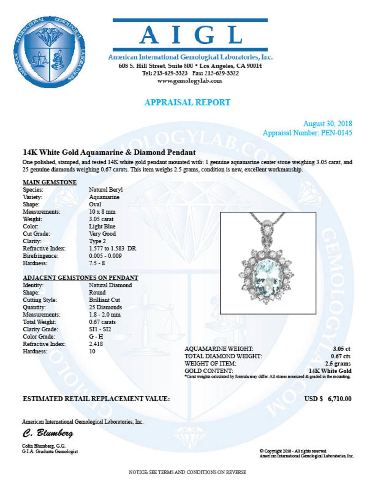 14K Gold 3.05ct Aquamarine 0.67ct Diamond Pendant