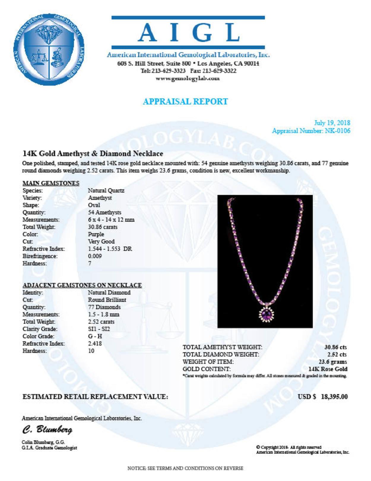 14K Gold 30.86ct Amethyst 2.52ct Diamond Necklace