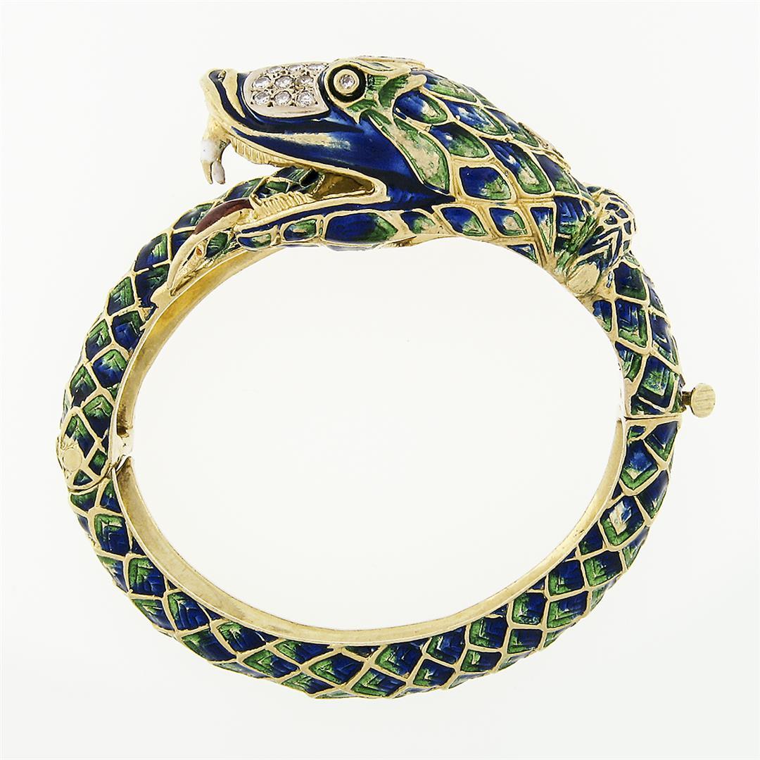 Vintage 18k Gold 0.75 ctw Diamond Green & Blue Enamel Snake Dragon Bangle Bracel