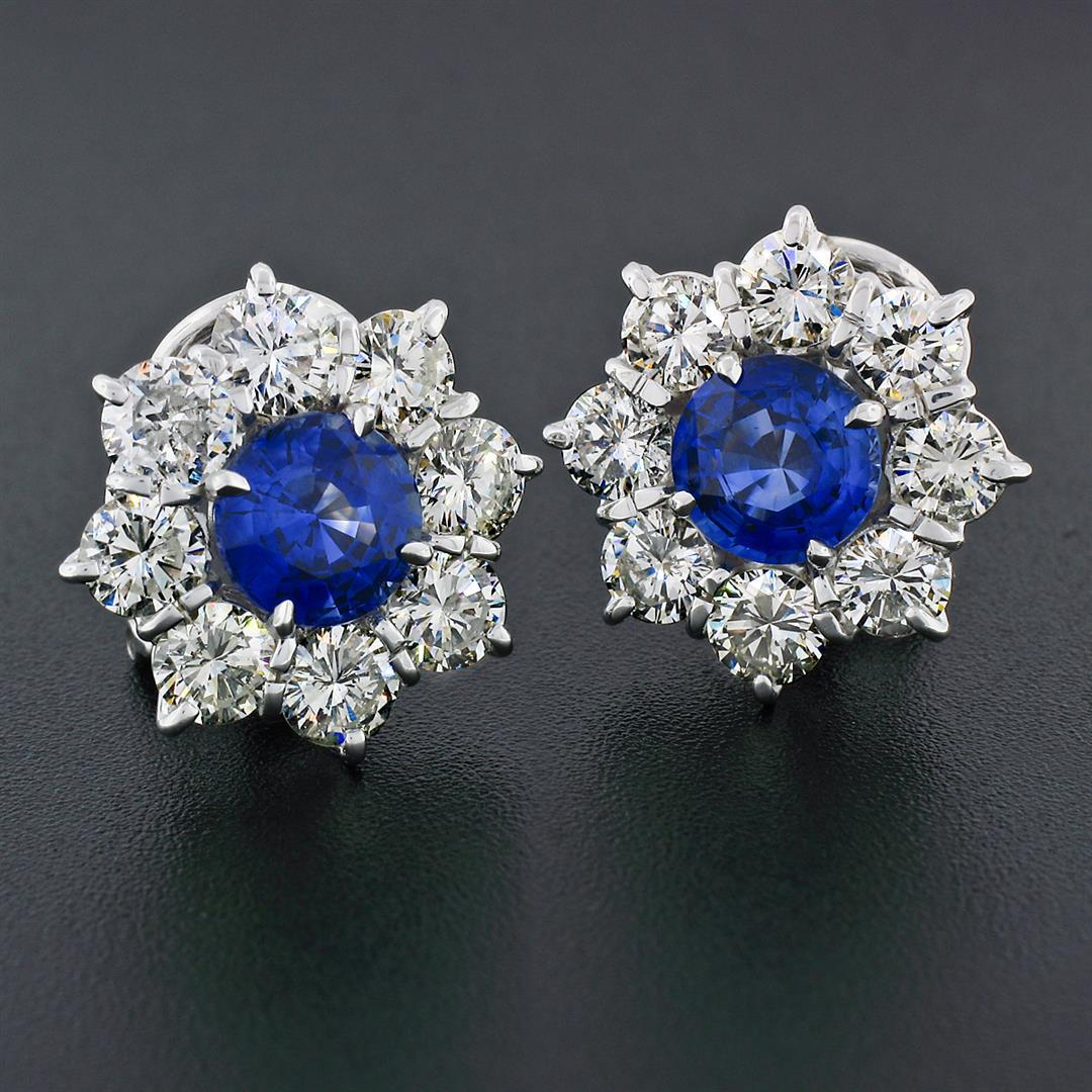 18k White Gold 8.50 ctw GIA Ceylon Sapphire Diamond Halo Flower Cluster Earrings