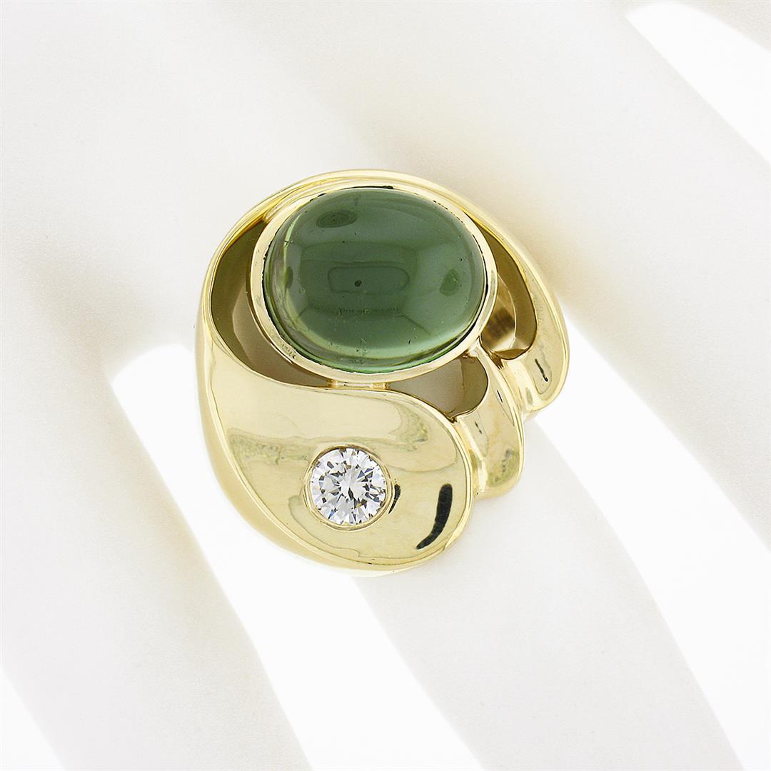 Large Modernist 18k Gold Oval Bezel Tourmaline & Diamond Polished Geometric Ring