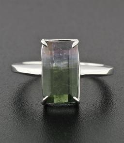 14k White Gold 3.44 ctw Emerald Pink & Green Watermelon Tourmaline Solitaire Rin