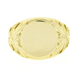 Unisex 14K Yellow Gold Round Engravable Center w/ Open Floral Sides Signet Ring